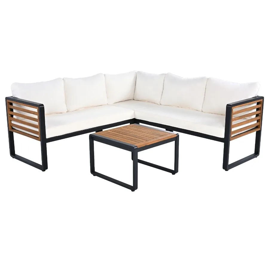 GO 4 Pieces Outdoor Patio Conservation Set Metal and Wood Frame Sectional Lshaped Sofa with Soft Cushion and a Coffee Tables fo GO 4 Pieces Outdoor Patio Conservation Set Metal and Wood Frame Sectional Lshaped Sofa with Soft Cushion and a Coffee Tables fo
