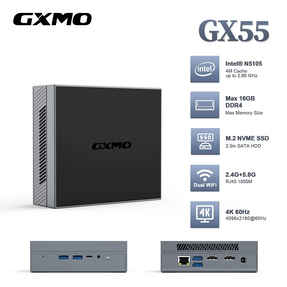 

GXMO GX55 Windows 11 Intel N5105 Mini PC DDR4 8GB 16GB 256GB NVME SSD WIFI5 1000M BT Mini Desktop Computer PK M6 pocket PC