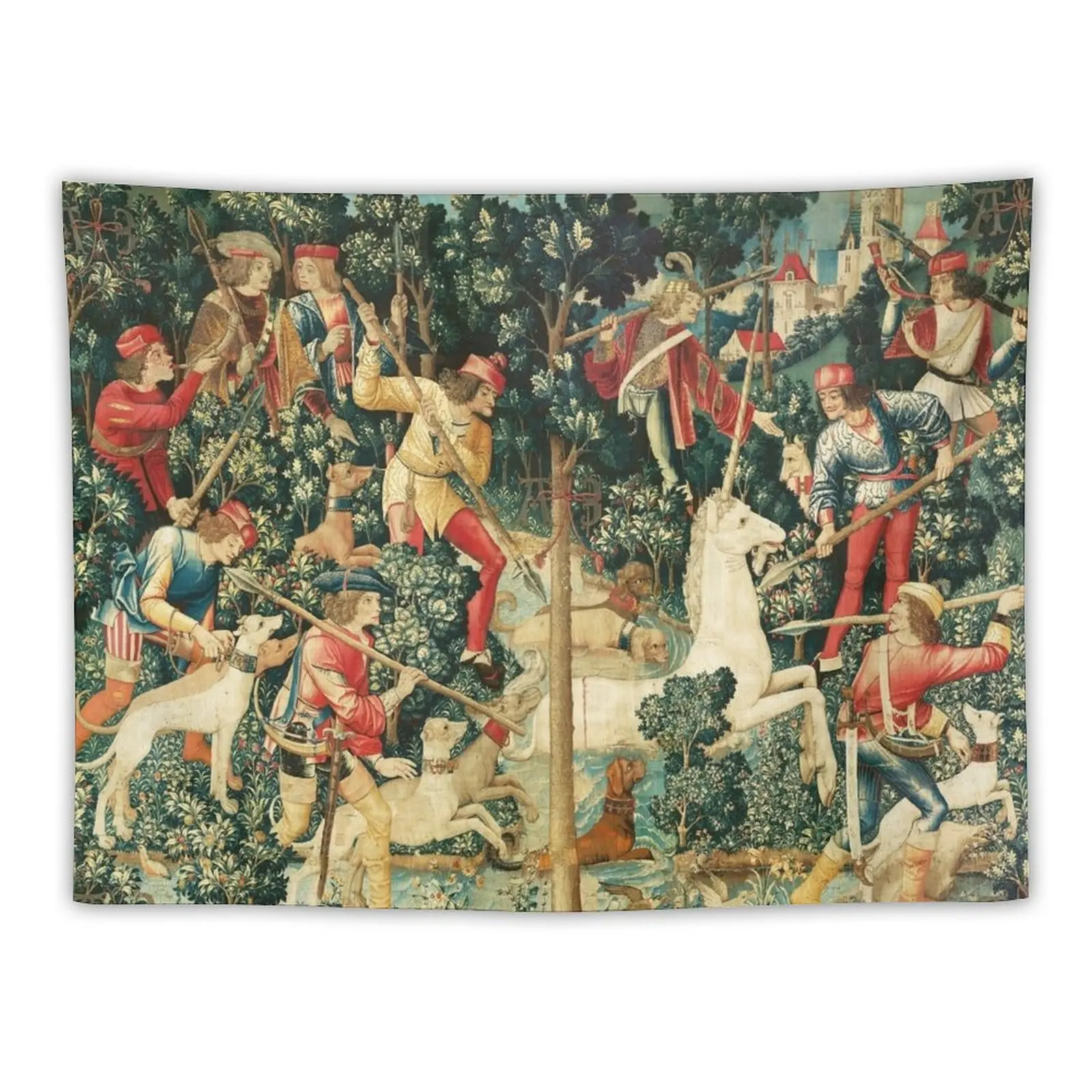 

UNICORN IS ATTACKED,FANTASY FLOWERS, GREEN FLORAL MOTIFS Tapestry Wall Art Home Decoration Accessories Tapestries Wall Hanging