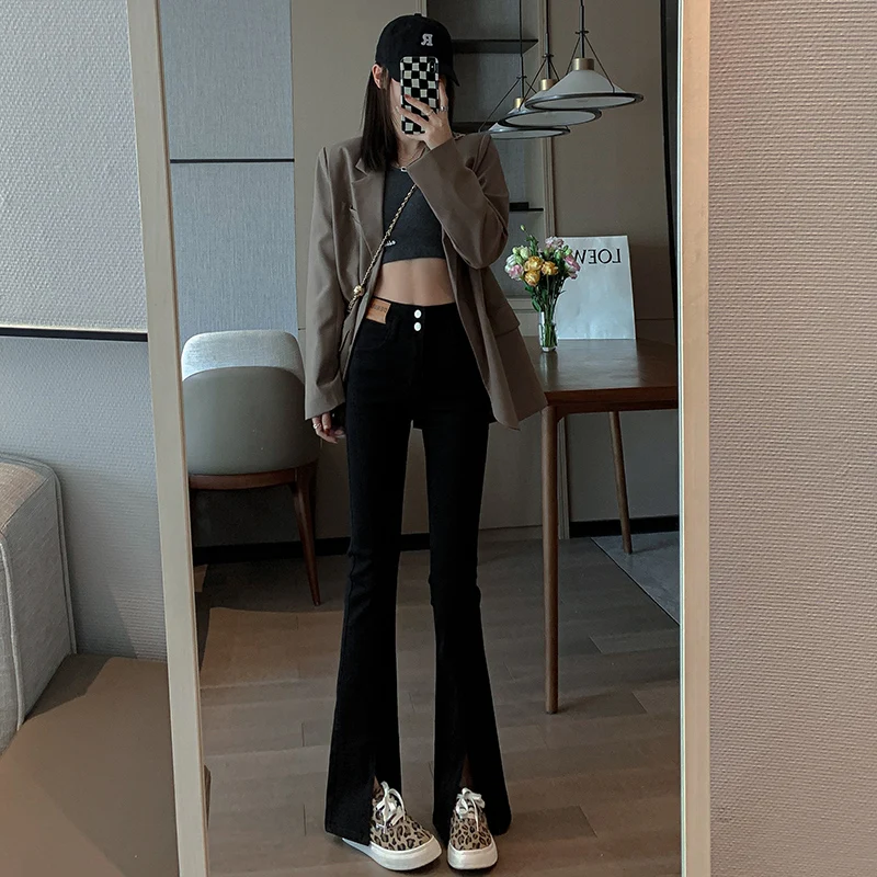 

New Spring Style Slit High-Waisted Pants Female Micro-Flare Jeans Forked Wide-Leg Pants Women Fried Street Denim Trousers 5XL