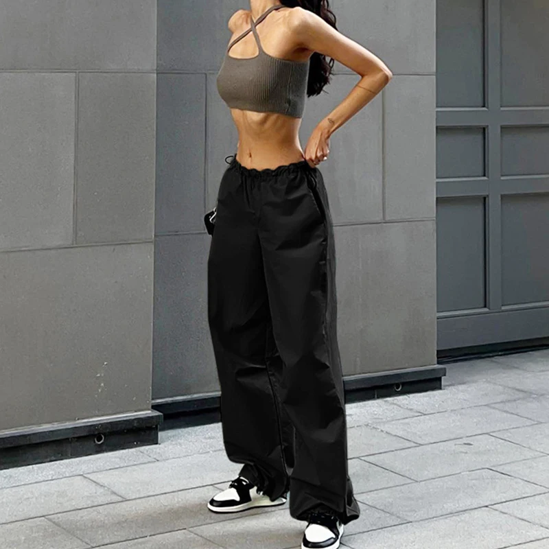 

Женские брюки-карго Y2k на шнуровке, спортивные брюки с заниженной талией, уличная одежда, винтажные мешковатые широкие брюки, брюки-джоггеры большого размера с парашютом