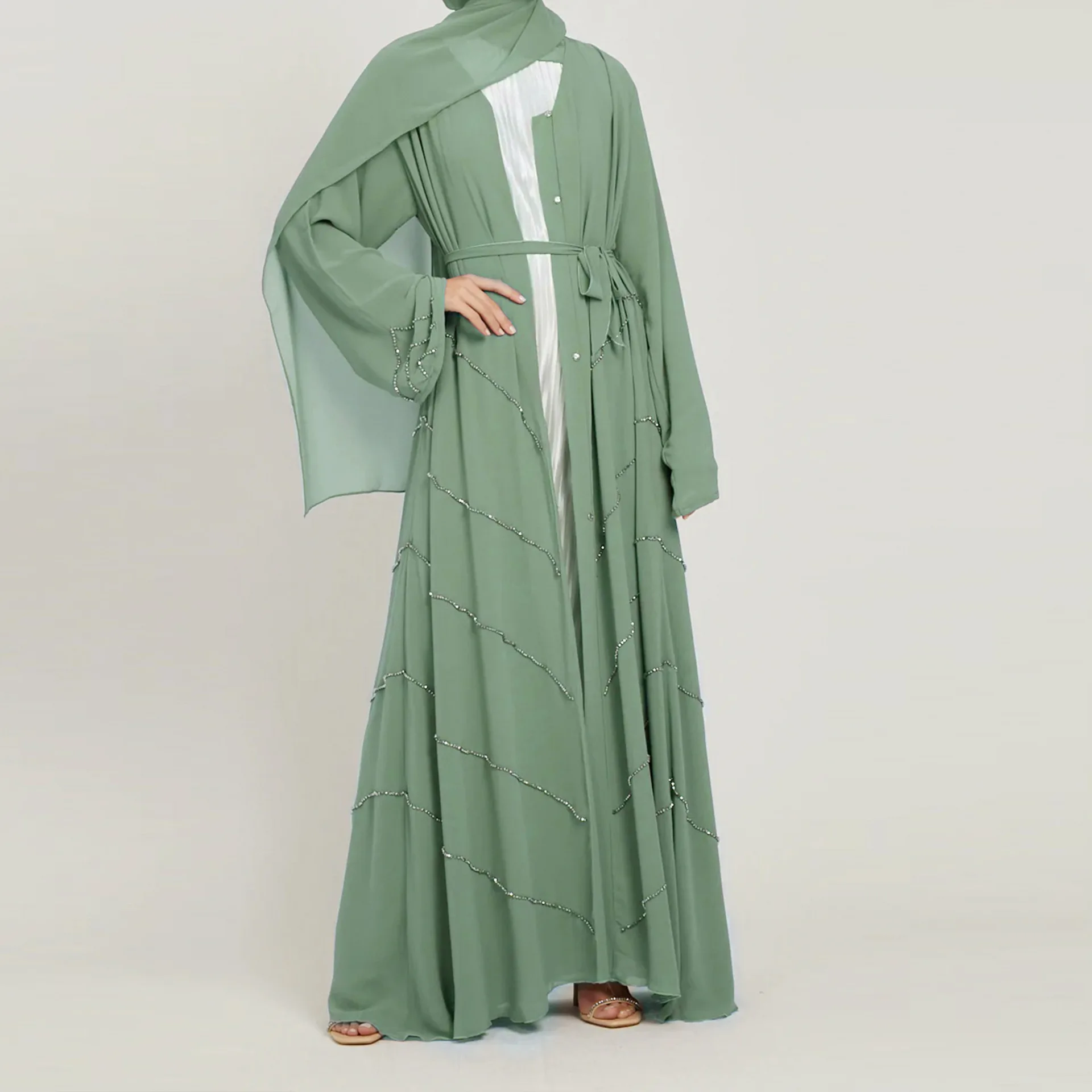 

Ramadan Women Muslim Beads Open Abaya Cardigan Kimono Maxi Dress Islamic Kaftan Dubai Arab Robe Turkey Jalabiya Eid Party Caftan