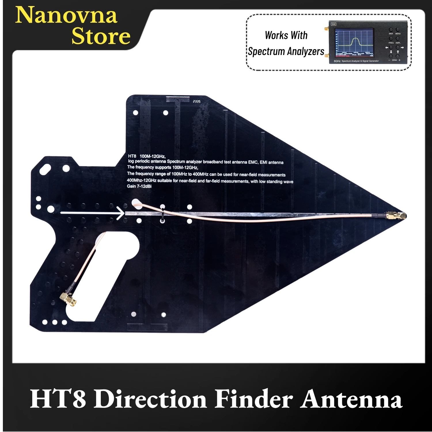

HT8 Handheld Log Periodic Antenna 0.1-12GHz,Direction Finding Antenna for SA6 Spectrum Analyzer,Highly Accurate,Gain 7~12dBi