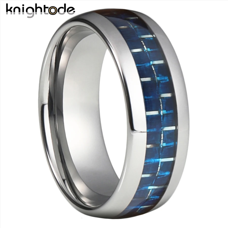 

8mm Tungsten Carbide Wedding Band Blue Gap White Carbon Fiber Inlay For Men Women Engagement Rings Dome Polished Comfort Fit