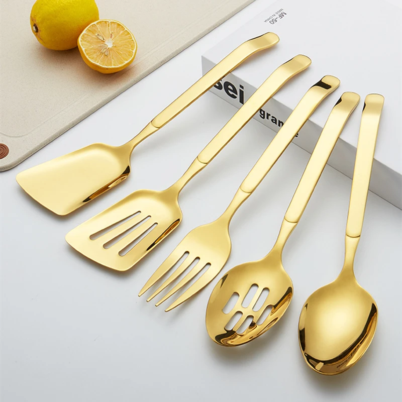 

5 Pcs Stainless Steel Serving Cutlery Set Creative Western Spoon Fork Hollow Shovel Dinnerware Set Tableware Kitchen Utensils