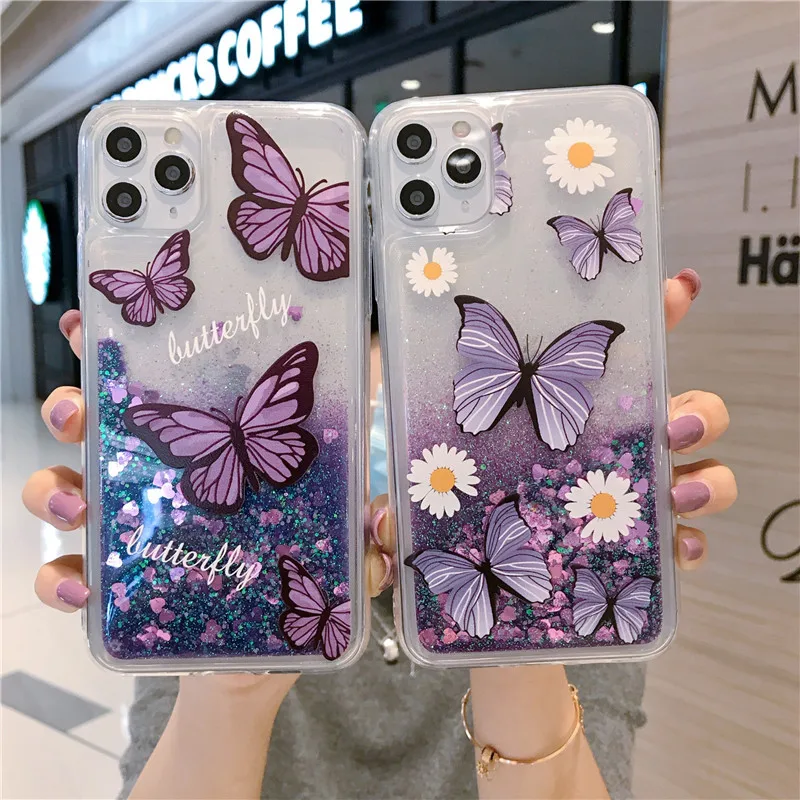 

Purple Butterfly Liquid Quicksand Bling Glitter Butterfly Case For iPhone 15 Pro 14 13 12 11 Pro Max Shockproof Lens Cover