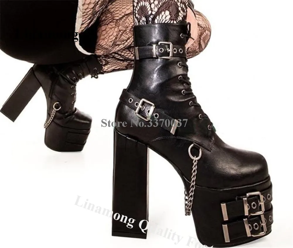 Linamong Newest Buckles Round Toe Chinky Heel Short Boots Women Unique Style High Platform Black Leather Chains Ankle Booties
Linamong Newest Buckles Round Toe Chinky Heel Short Boots Women Unique Style High Platform Black Leather Chains Ankle Booties