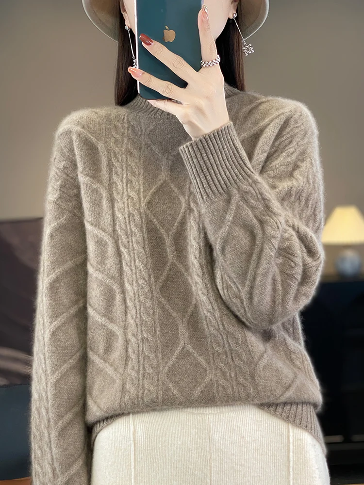 

Aliselect New Fashion Women Sweater Autumn Winter Jersey 100% Merino Wool Tops Pullover Mock-Neck Long Sleeve Jumper Knitwear