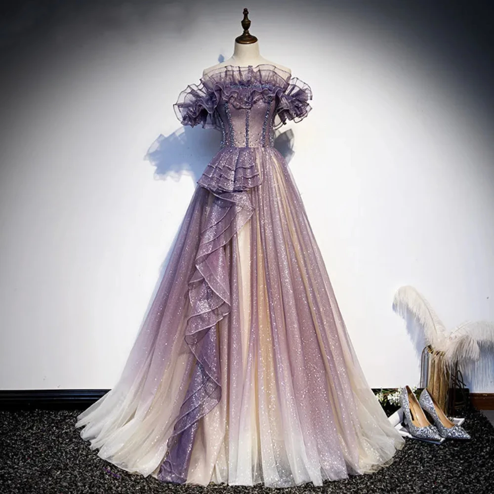 Elegant Evening Dresses Purple Off The Shoulder Sequin Pleat Boat Neck Prom Gowns Short Sleeve Backless Lace Up Robes De Soirée
Elegant Evening Dresses Purple Off The Shoulder Sequin Pleat Boat Neck Prom Gowns Short Sleeve Backless Lace Up Robes De Soirée