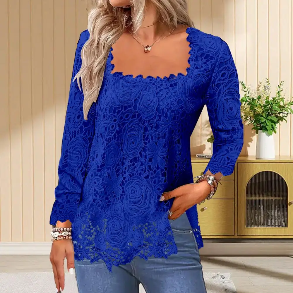 

Женская рубашка с длинным рукавом, элегантная кружевная ажурная рубашка с квадратным вырезом, весенний мягкий дышащий пуловер с длинным рукавом, однотонный