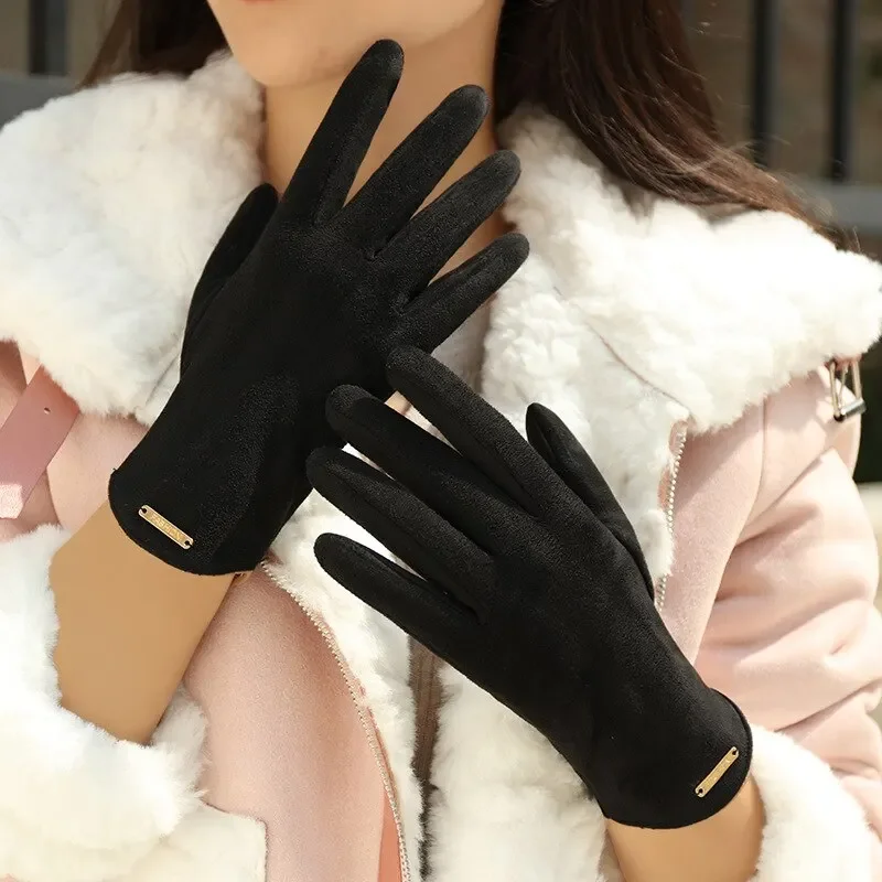 

Новые зимние теплые перчатки с подкладкой, милые однотонные замшевые лыжные перчатки для сенсорных экранов для верховой езды, женские черные перчатки