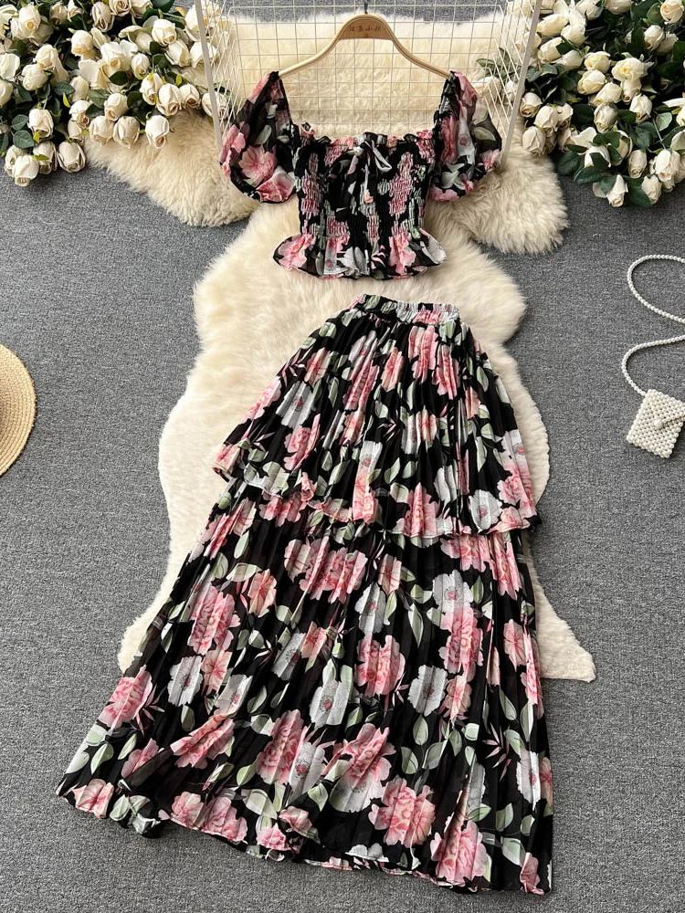 Summer Women Floral Chiffon Two Piece Set Sexy Square Collar Short Puff Sleeve Tops + Ruffle Pleated Midi Skirt Beach 2Pcs Suit
Summer Women Floral Chiffon Two Piece Set Sexy Square Collar Short Puff Sleeve Tops + Ruffle Pleated Midi Skirt Beach 2Pcs Suit