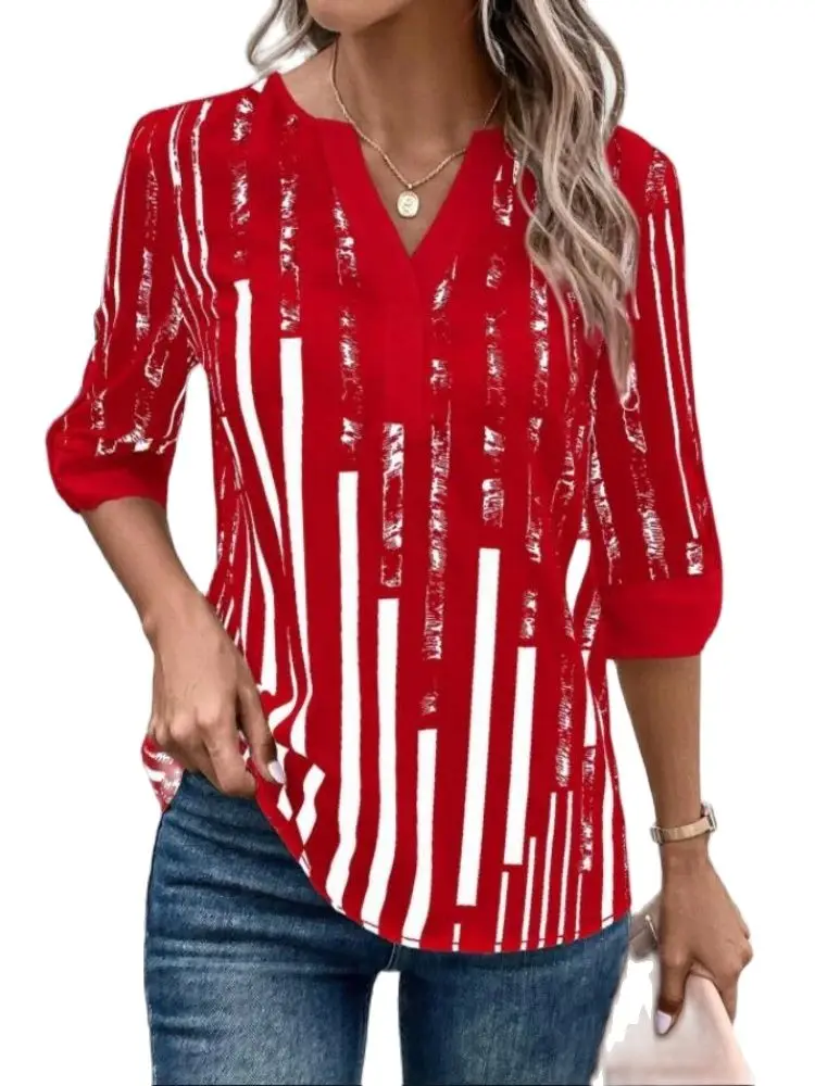 Women's blouse 2024 Spring/Summer New Stripe Print V-neck Shirt Double Contrast Color Shirt Loose Quarter Sleeve Shirt Women's
Women's blouse 2024 Spring/Summer New Stripe Print V-neck Shirt Double Contrast Color Shirt Loose Quarter Sleeve Shirt Women's