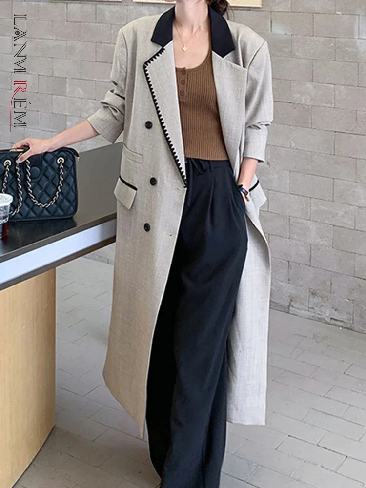 

[LANMREM] Fashion Women's Long Blazers Back Button Design Double Breasted Outwear Elegant Female Spliced Coats 2024 Spring New