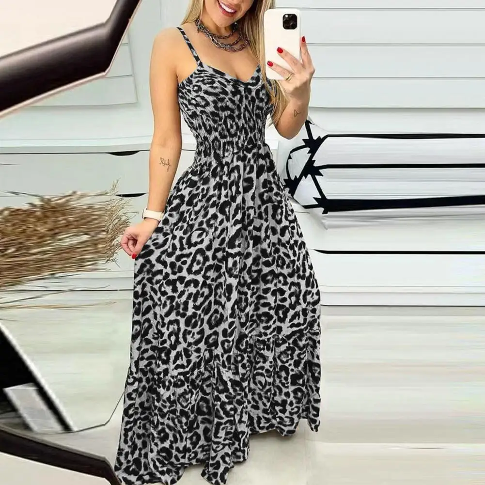 

Women's Dresses 2023 Spring Fashion Leopard Print Shirred Casual V-Neck Sleeveless Daily Cami Maxi A Line Dress