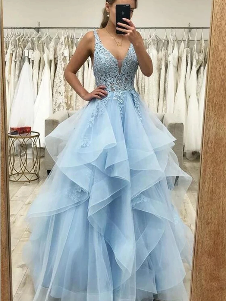 

Light Blue A-line Evening Dress Ruffles Party Prom Gowns vestido de noche Beading Applique Princess Formal Celebrity Gown