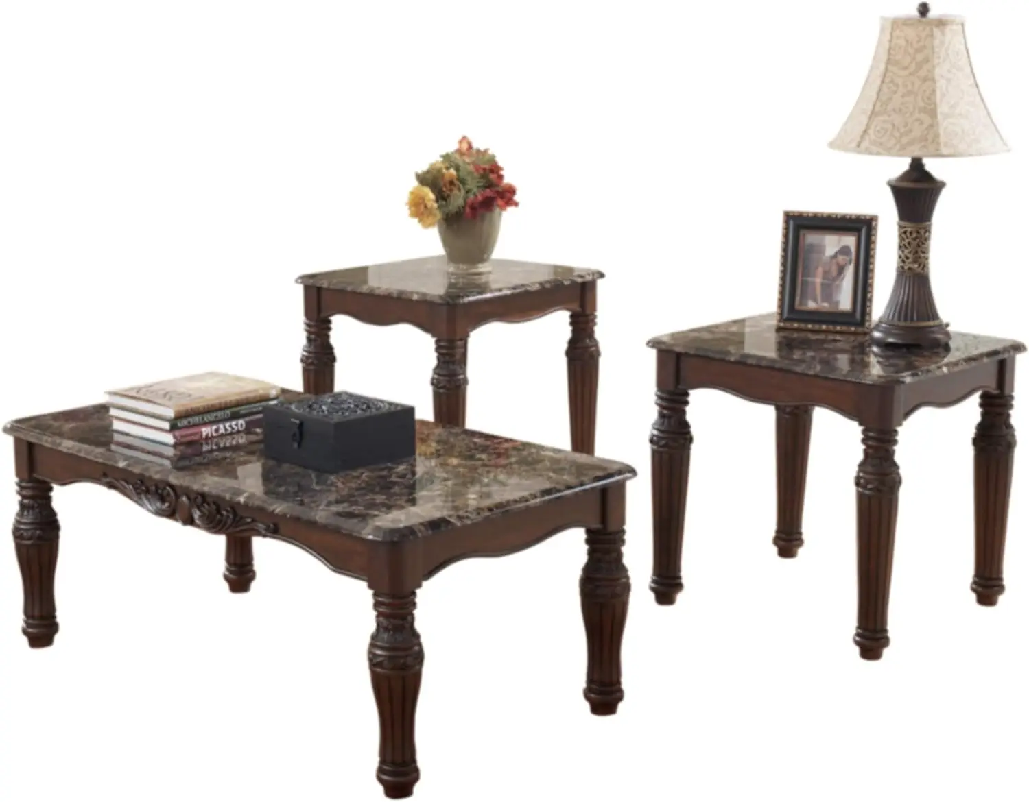 

Signature Design by Ashley North Shore Traditional Faux Marble 3-Piece Table Set, Includes Coffee Table，Dark Brown