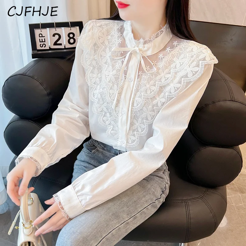 

CJFHJE New Women's Gentle Style Retro Long Sleeved White Shirt Spring Korean Fashion Lace Hollow Lace Women Chiffon Shirt Top