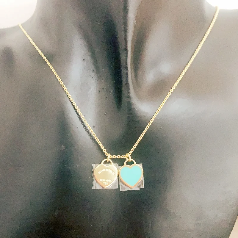 

Оригинальное ожерелье из стерлингового серебра пробы, классическое мини-ожерелье из эмали зеленого и розового цвета в форме двойного сердца, 1:1, ювелирное изделие с логотипом, подарок на день Святого Валентина