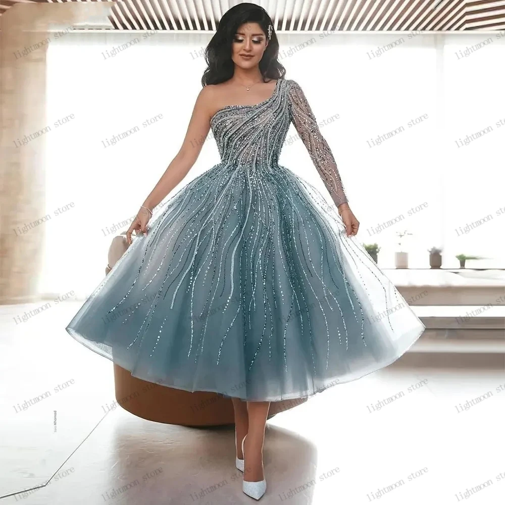 

Glitter Evening Dresses Graceful Prom Dress A-Line Tulle Tiered Ball Gowns One Shoulder Cocktail Robes Vintage Vestidos De Gala
