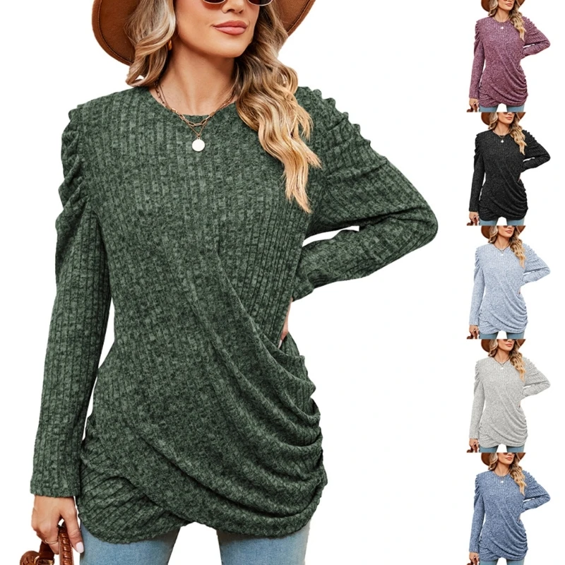 

Women's Casual Round Neck Long Sleeve Tshirts Loose Twist Knotted Blouses Tunics Tops Relaxed Fit T-Shirt for Leggings N7YD