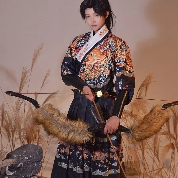

Ancient Chinese Hanfu Costume Mens Top Skirt Belt Set Samurai Costume Robe Hanbok Martial Arts Dragon Printing Flying Fish Suit