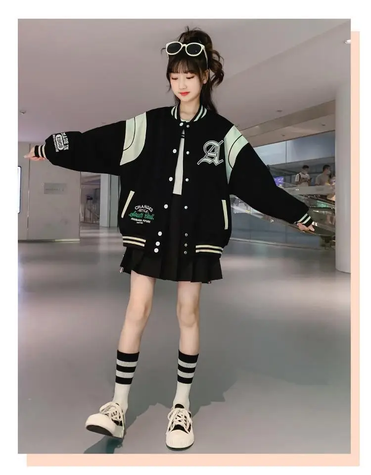 

Junior Girls' Jacket Spring and Autumn Clothes Thickened Children Korean Fashion Splicing Baseball Suit Thickened Tops 3-15Y