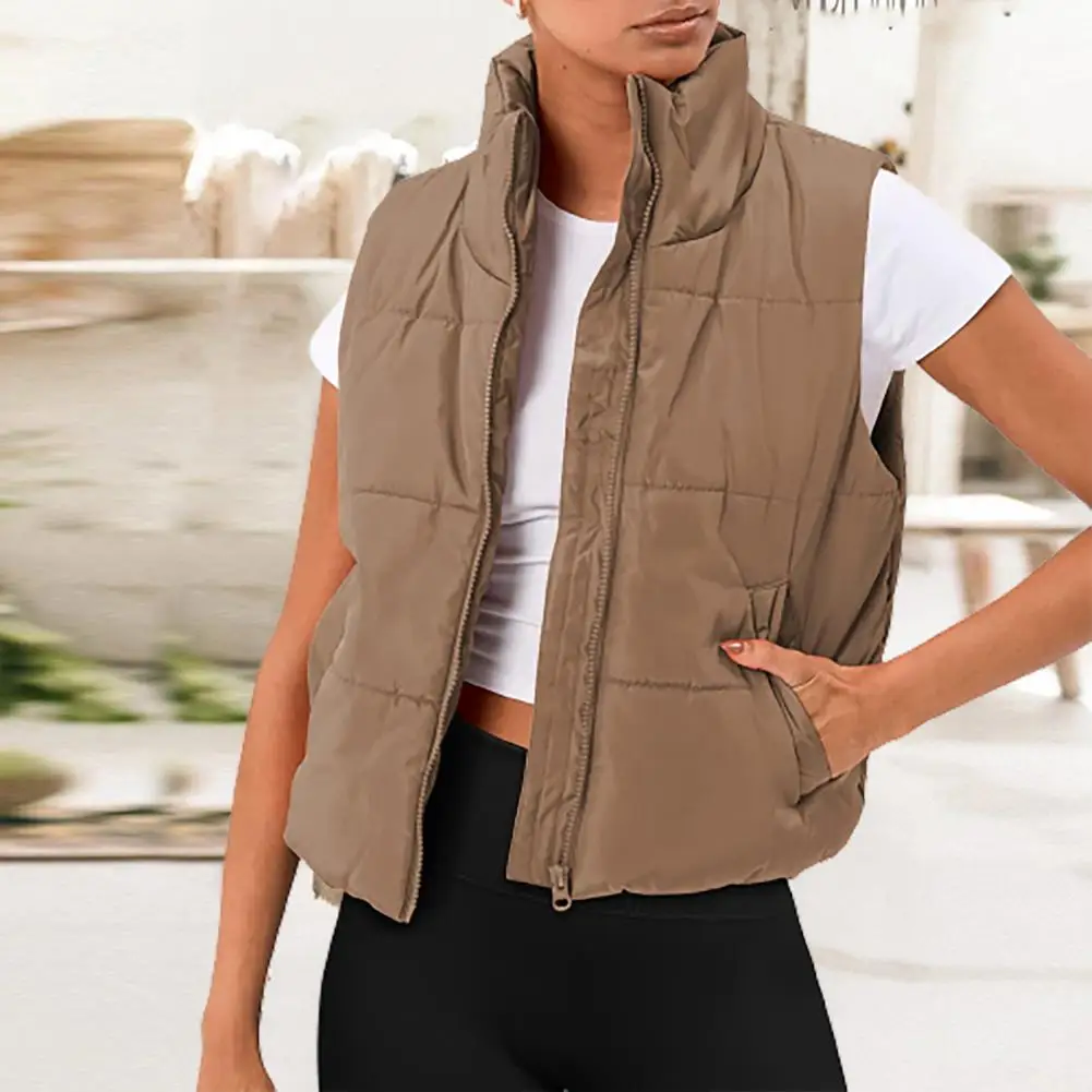 

Women Autumn Solid Color Waistcoat Stand Collar Sleeveless Pockets Vest Jacket Zipper Placket Short Cotton Padded Puffer Vest