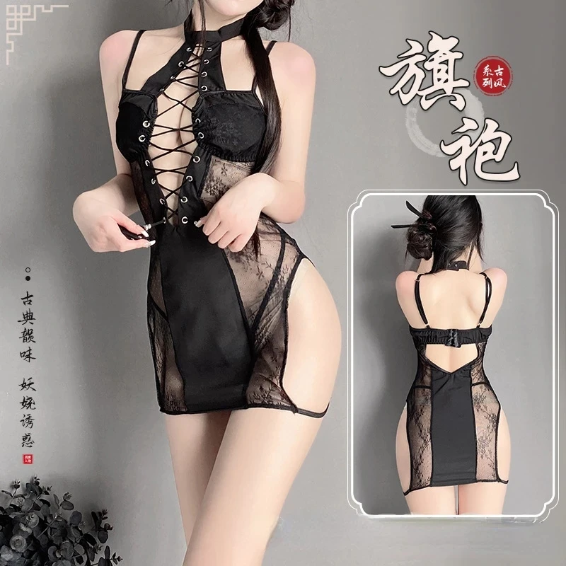 Porno Classical Qipao Hollow Out Sexy Lingerie Tradition Lace Up Cheongsam Dress Retro Chinese