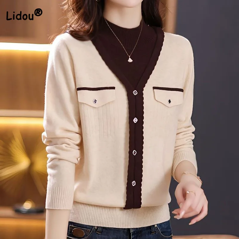 

Elegant Commute Half High Collar Fake Two Pieces Sweaters All-match Contrast Color Knitted Tops Autumn Winter Women's Clothing