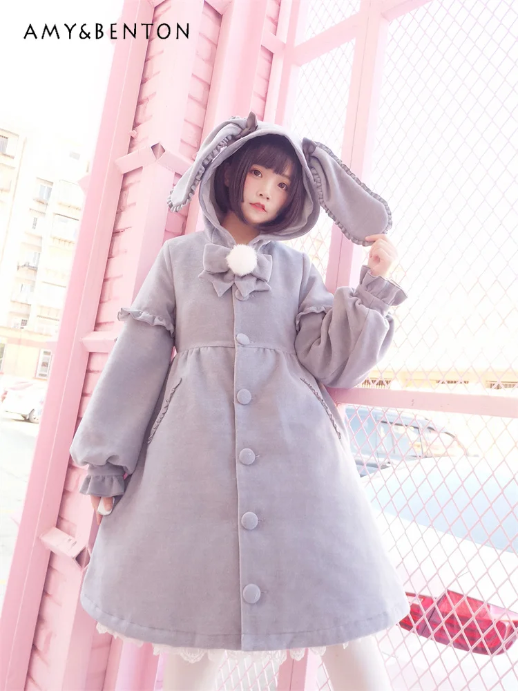 Winter Cute Lolita Coat Japanese Sweet Rabbit Ears Hooded Wool Coat Women Thickened Kawaii Lantern Sleeve All Match Midi Coats
Winter Cute Lolita Coat Japanese Sweet Rabbit Ears Hooded Wool Coat Women Thickened Kawaii Lantern Sleeve All Match Midi Coats