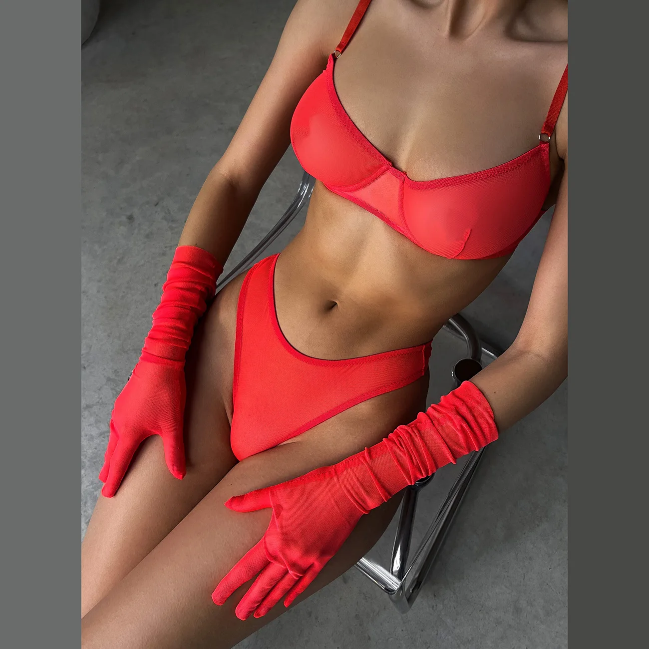 

Sexelakas Red Lingerie Mesh Transparent Bra Kit Push Up Sensual Garter Belt Set with Gloves Sissy See Through Exotic Outfits