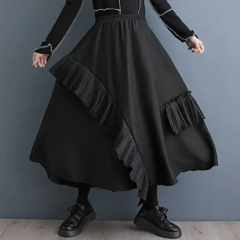 

Корейская плиссированная юбка с высокой талией, Повседневная Длинная юбка макси, женская модная Асимметричная Двухслойная юбка, черные женские готические юбки
