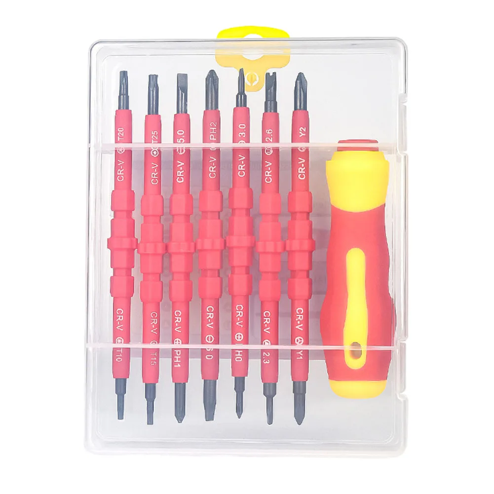 7pcs Insulated Double Head Screwdriver 1000V Slotted Ph2 T20 T15 Cross Driver With Tester Pen Electricians Hand Repair Tool
7pcs Insulated Double Head Screwdriver 1000V Slotted Ph2 T20 T15 Cross Driver With Tester Pen Electricians Hand Repair Tool