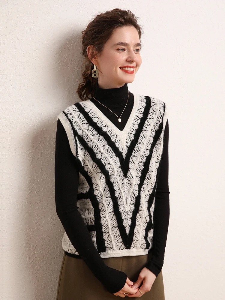 

Женский кашемировый пуловер в полоску, трикотажный свитер без рукавов с V-образным вырезом, весна-лето 100%