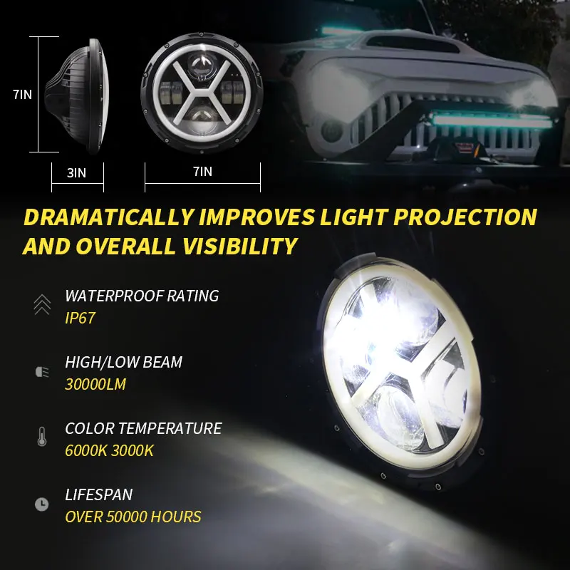 500W 7 Inch Round Angel Eye LED Headlight 30000LM with Hi/Lo Beam DRL Amber Halo Ring for JEEP Wrangler JK TJ LJ
500W 7 Inch Round Angel Eye LED Headlight 30000LM with Hi/Lo Beam DRL Amber Halo Ring for JEEP Wrangler JK TJ LJ