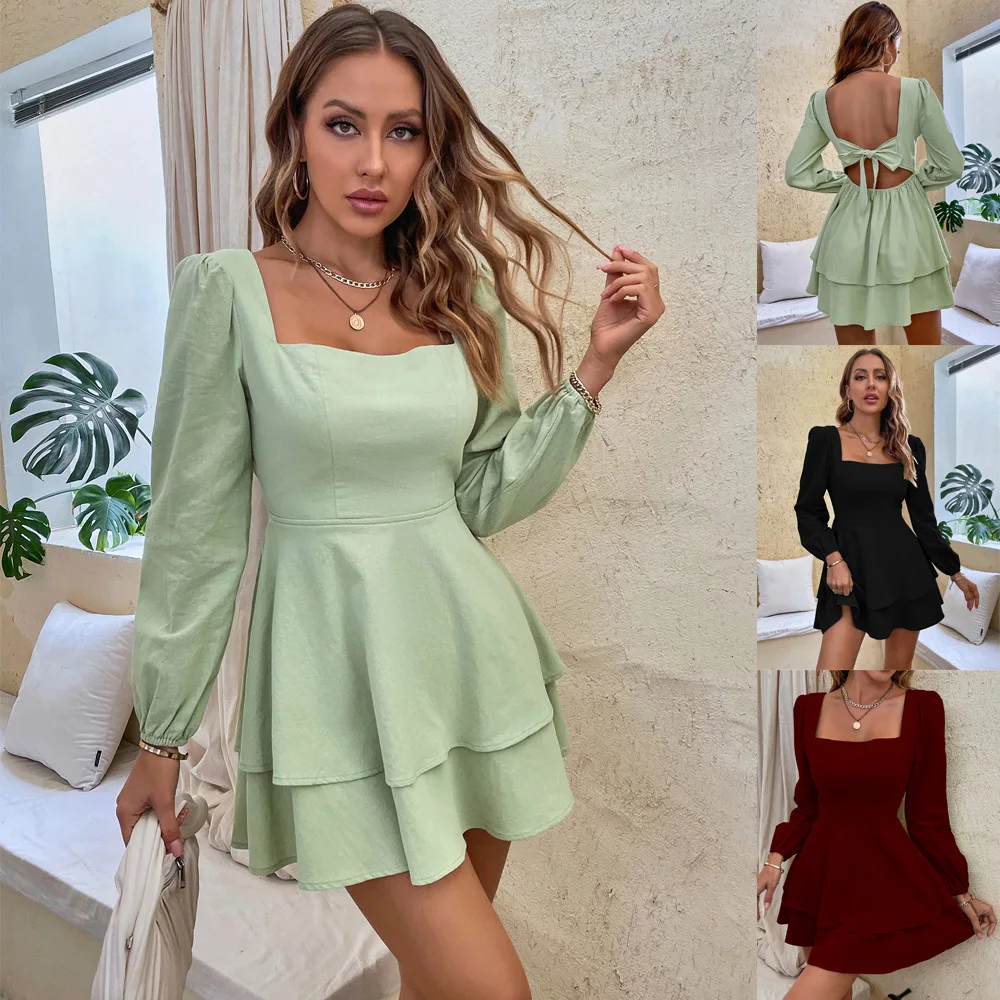 2024 Women's Sexy Backless Lace Up Square Neck Long Sleeve Ruffle Skirt Mini Dress
2024 Women's Sexy Backless Lace Up Square Neck Long Sleeve Ruffle Skirt Mini Dress