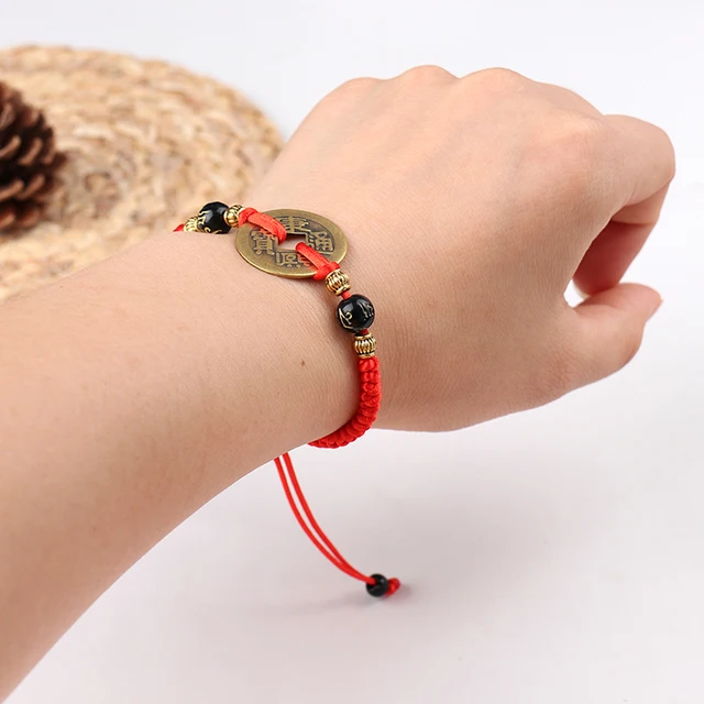 Bracelet Feng Shui, nouveauté tendance, pièce de monnaie ancienne kabbala, rouge, attire la chance, la richesse, livraison directe 1