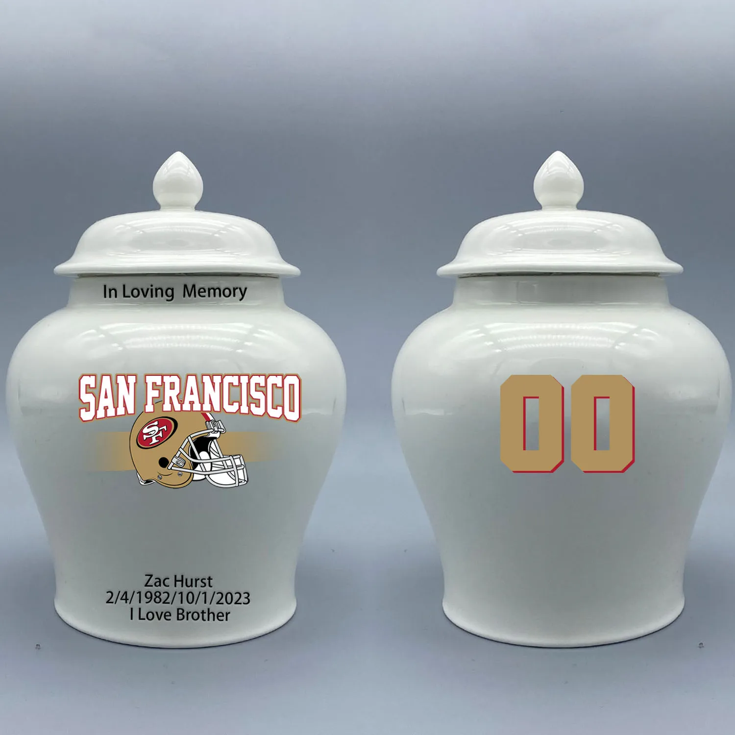 

Medium Urn for San Francisco 49ers-themed Logo Urn.Please send me the customize information-name/date and number on the urn