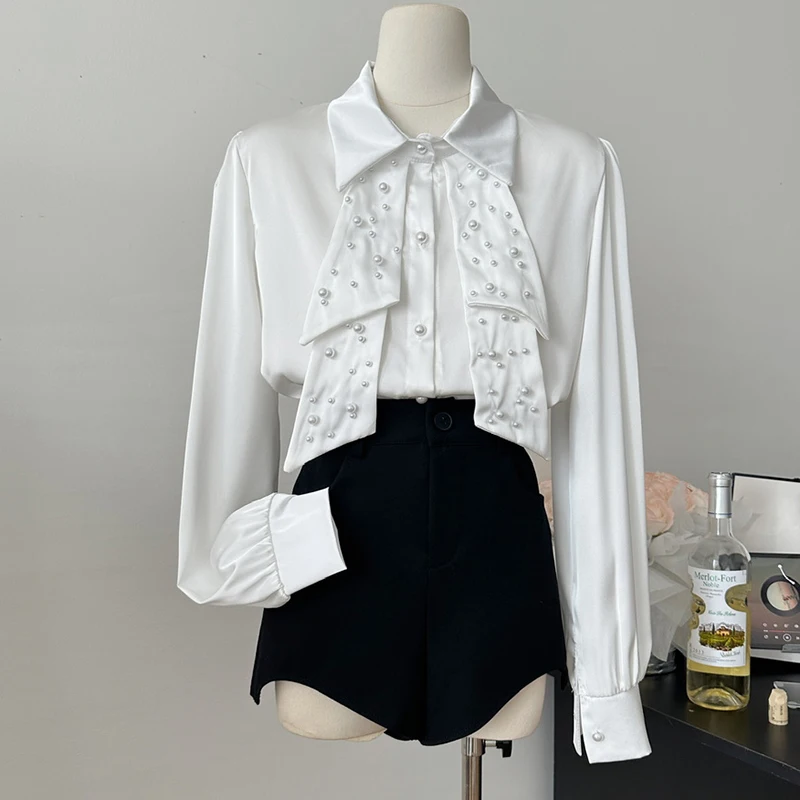 

QOERLIN Luxury Bow Studded Beaded Satin White Long Sleeve Shirt Women Spring Autumn Button Up Tops Elegant Casual Tops Blouse