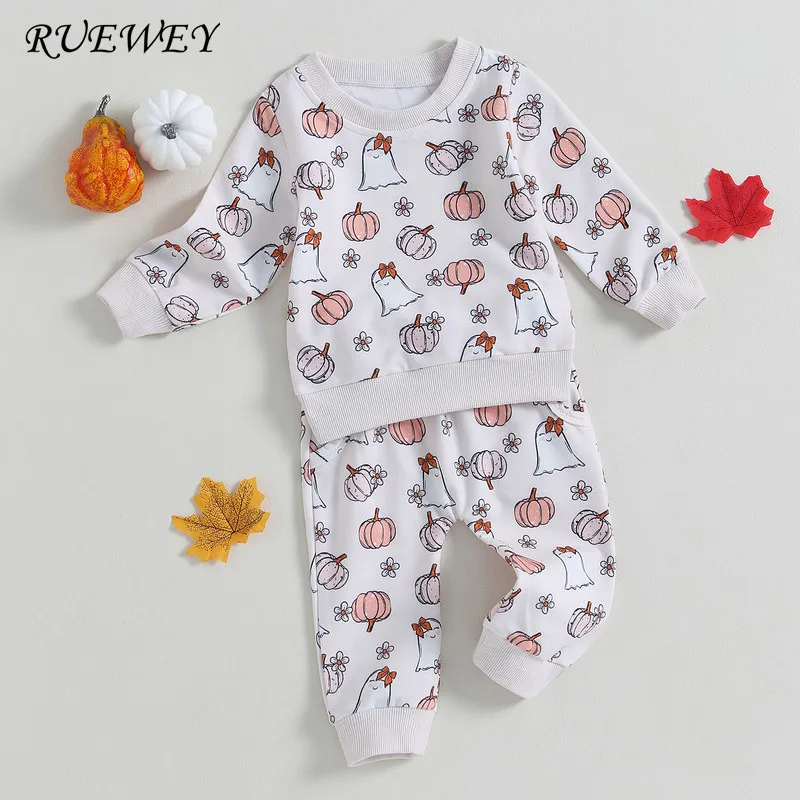 

RUEWEY Halloween Baby Girl Clothes Pant Sets Autumn Long Sleeve Pumpkin Ghost Print Sweatshirt and Pants Baby Items Clothing