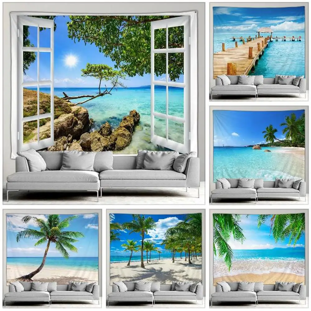 

Ocean Beach Landscape Tapestry Island Coconut Trees Forest Nature Scenery Garden Wall Hanging Home Living Room Decor Tablecloth