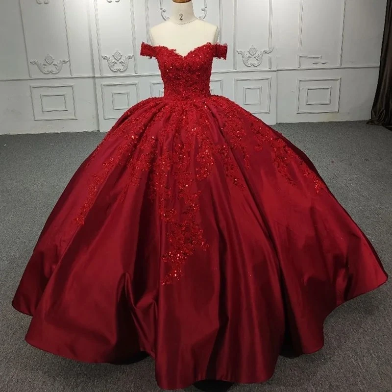 

Red Shiny Off The Shoulder Ball Gown Quinceanera Dresses Sequined Appliques Beading Sweet 16 Corset Vestidos De 15 Años