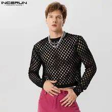 2023 Men T Shirt Mesh Hollow Out O-neck Long Sleeve Solid Sexy Crop Tops Streetwear Transparent Fashion Camisetas S-5XL INCERUN