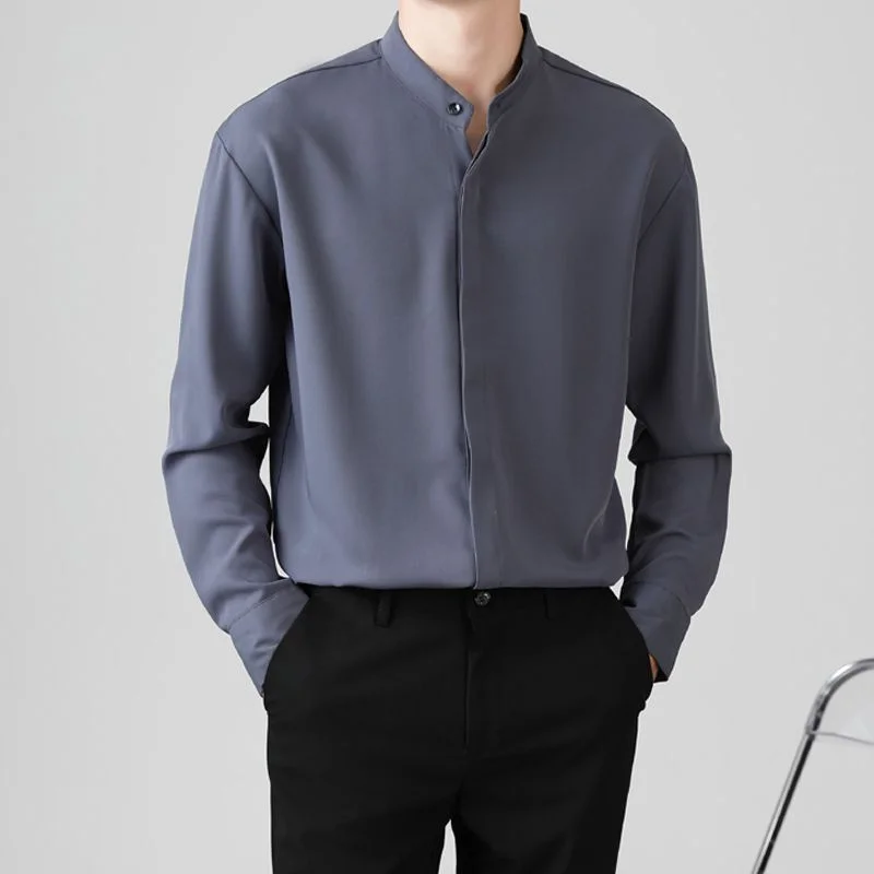

Fashion Versatile Men's Clothing Spring and Autumn Long Sleeve Stand Collar Spliced Button Solid Color Simplicity Commuter Shirt