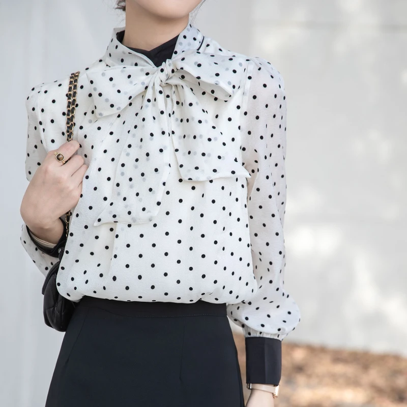 

QOERLIN Polka Dot Chiffon Blouse Women 2024 New Korean Fashion Elegant Long Lantern Sleeve Bow Tops Shirts Female Office Ladies