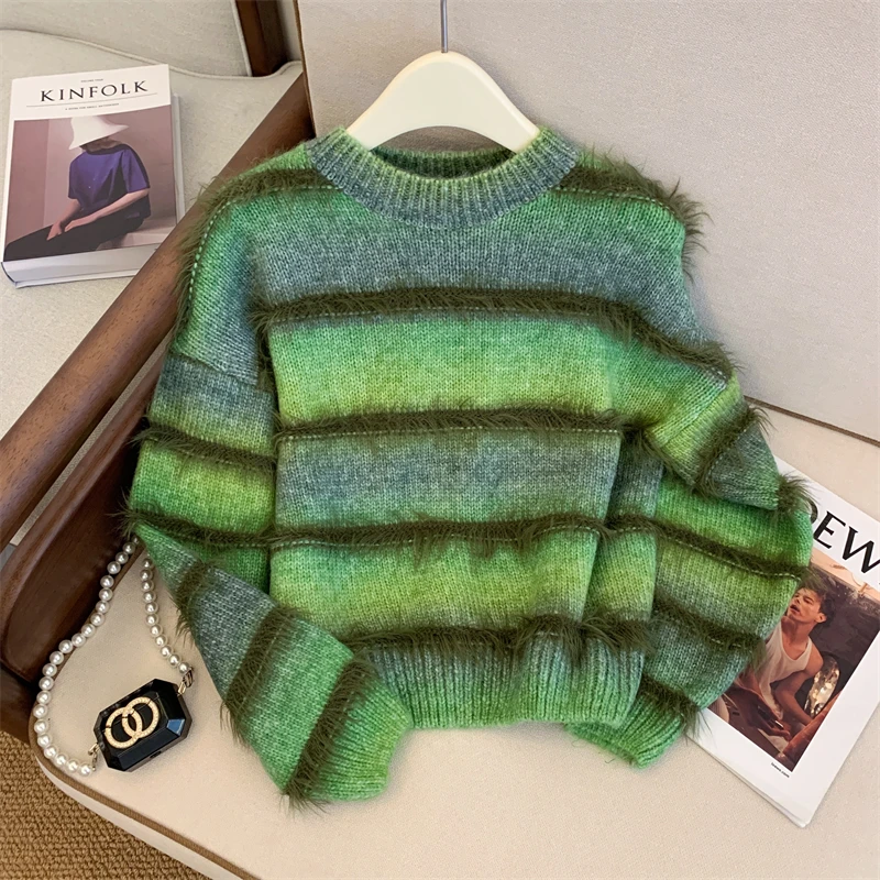 

2023 New Fashion Autumn Winter Green Striped Hit Color Knitting Pullover Sweet Women O Neck Long Sleeve Tassel Loose Sweater Top