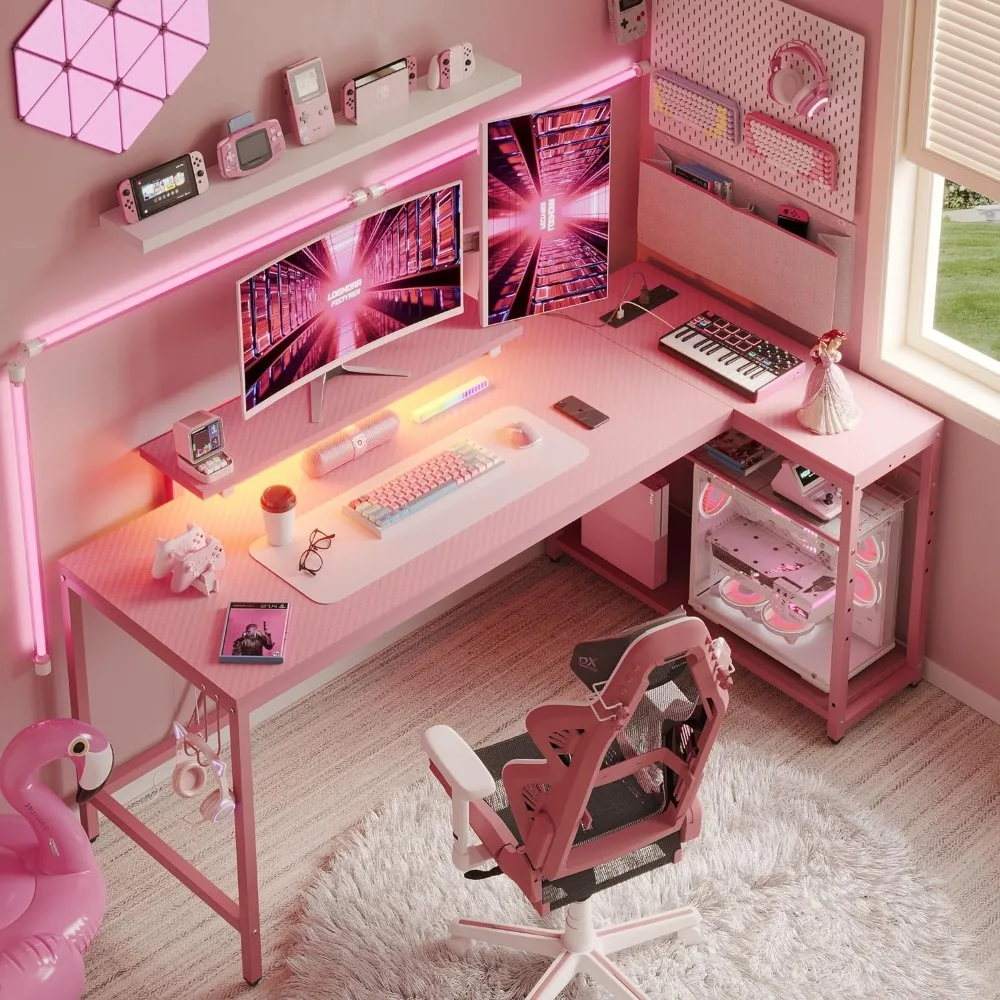 Bestier L Shaped Gaming Desk with Power Outlets,58 LED Small Corner Desk with Reversible Storage Shelves,Pink Computer Desk
Bestier L Shaped Gaming Desk with Power Outlets,58 LED Small Corner Desk with Reversible Storage Shelves,Pink Computer Desk