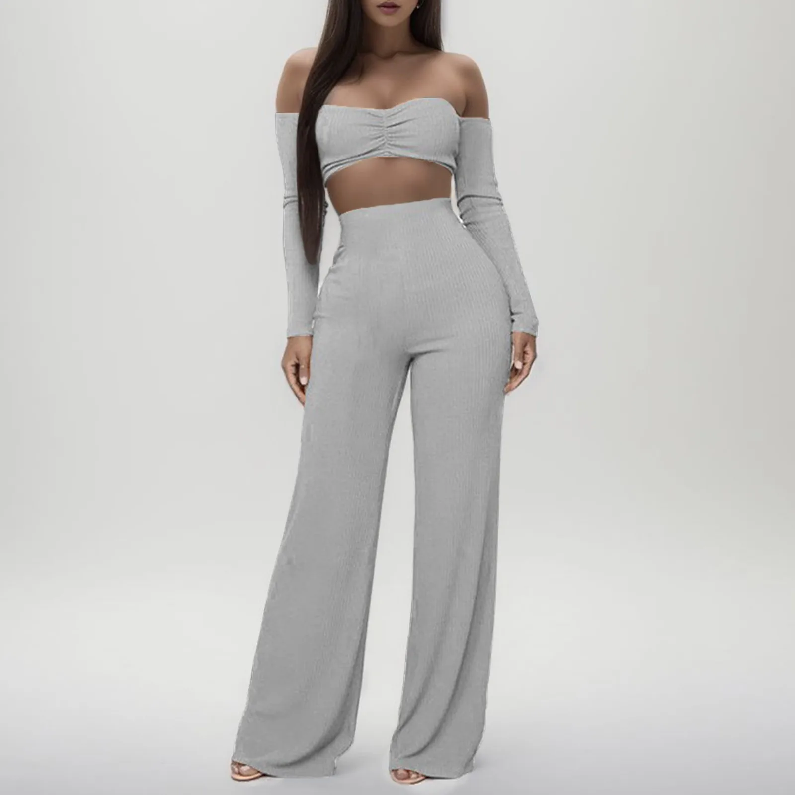Women Sexy Two Piece Sets Rib Long Sleeve Off Shoulder Crop Top And High waist Wide Leg Long Pants Sets Yoga Style Outfits
Women Sexy Two Piece Sets Rib Long Sleeve Off Shoulder Crop Top And High waist Wide Leg Long Pants Sets Yoga Style Outfits