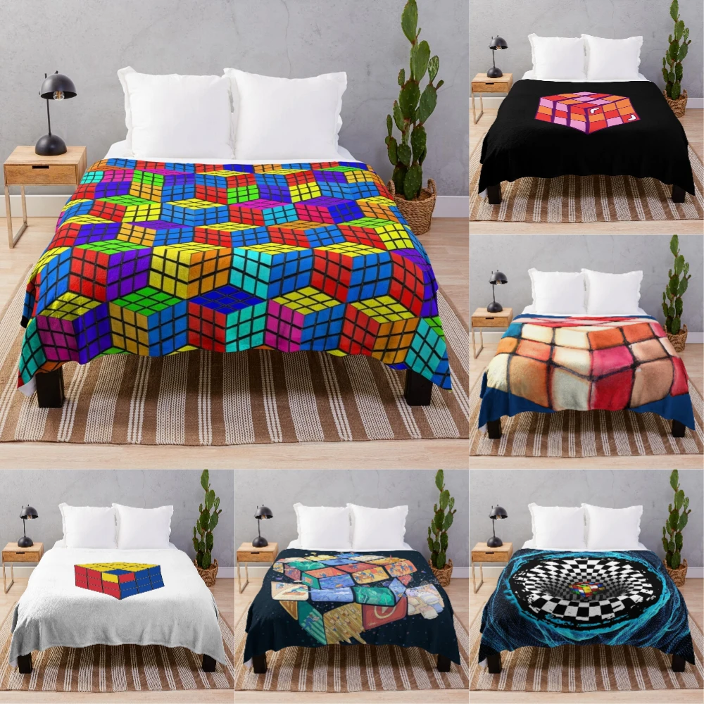 

Rubik's Cube Flannel Throw Blanket King Queen Size for Sofa Colourful Rubik's Cube Puzzle Game Pattern Blanket for Kid